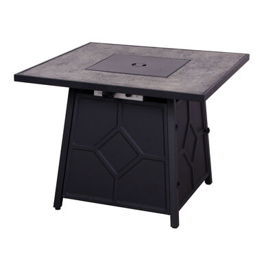 Thalia Square Faux Stone and Black Steel Gas Fire Pit Table