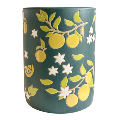 Round Teal and Yellow Ceramic Lemon Citrus Side Table