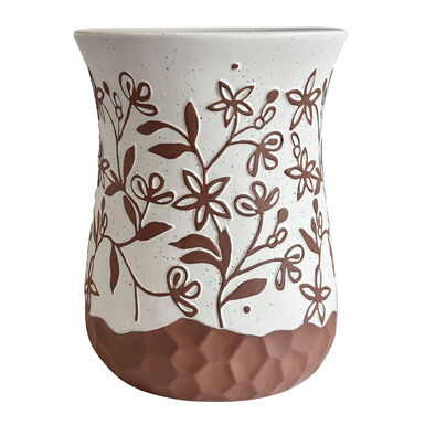 Round Terracotta and White Ceramic Carved Floral Side Table